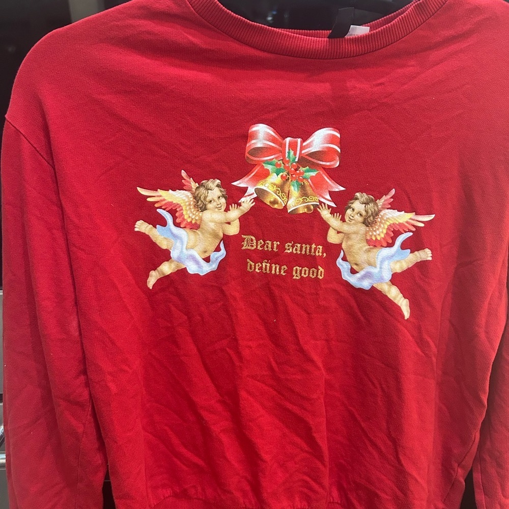 Divided Red Long Sleeve Tee with Festive Angel Design size S